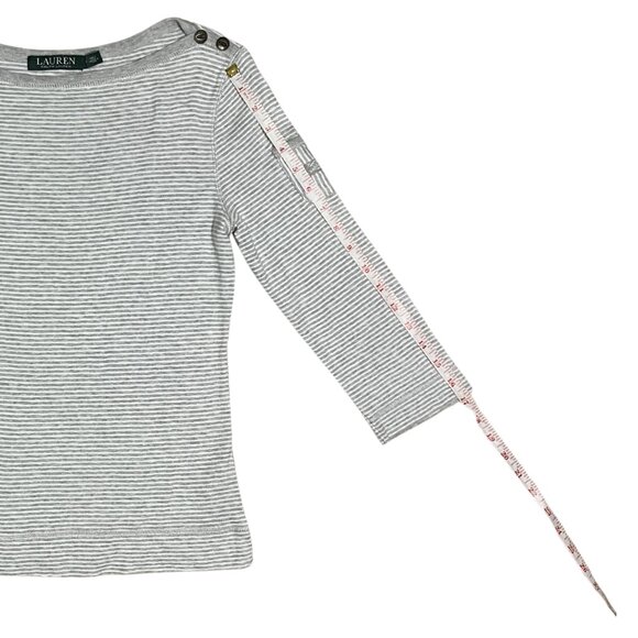 Lauren Ralph Lauren Gray Striped Nautical Button Shoulder Top 3/4 Sleeve Size M - Picture 8 of 12